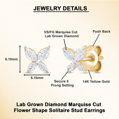 0.40Ct Marquise Diamond Four Petal Flower Stud Earrings - Dewberry Diamonds