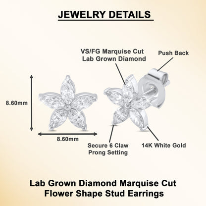 0.70Ct Marquise Diamond Five Petal Flower Stud Earrings - Dewberry Diamonds