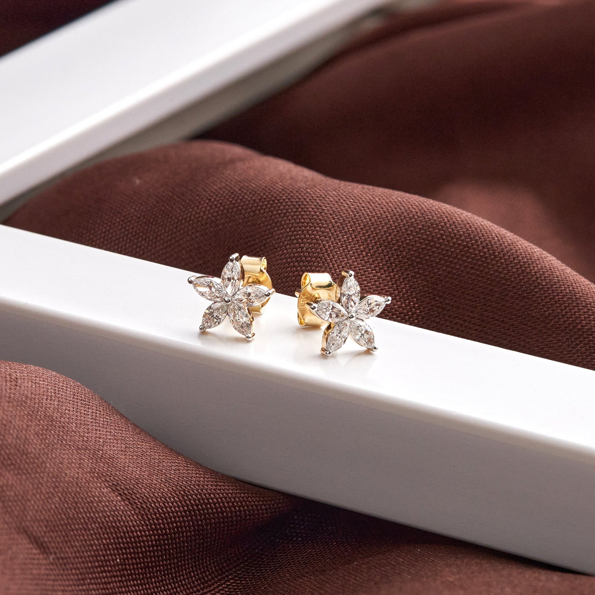 0.70Ct Marquise Diamond Five Petal Flower Stud Earrings - Dewberry Diamonds