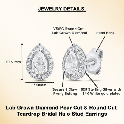 0.92 Ct Pear Cut Diamond 925 Silver Halo Stud Earrings - Dewberry Diamonds