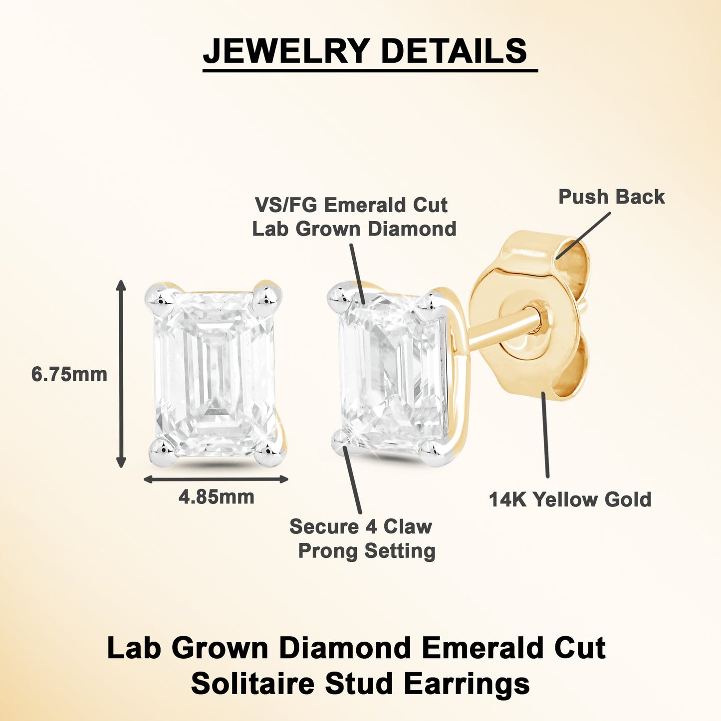 1 Ct Emerald Cut Diamond 14K Gold Solitaire Stud Earrings - Dewberry Diamonds