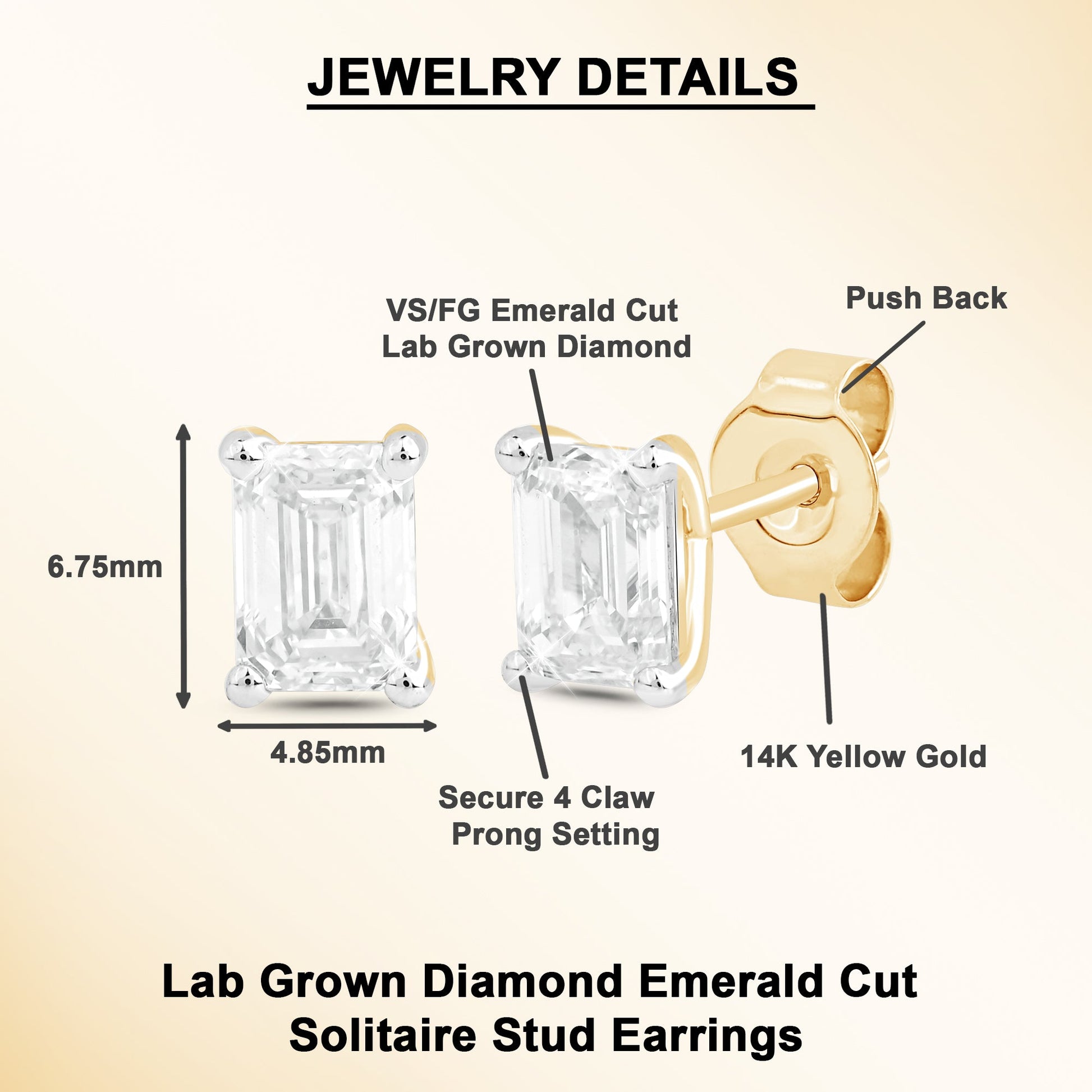 1 Ct Emerald Cut Diamond 14K Gold Solitaire Stud Earrings - Dewberry Diamonds