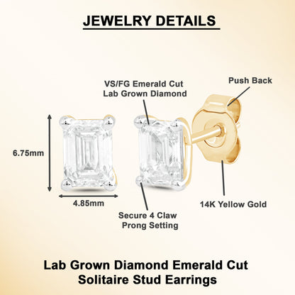1 Ct Emerald Cut Diamond 14K Gold Solitaire Stud Earrings - Dewberry Diamonds