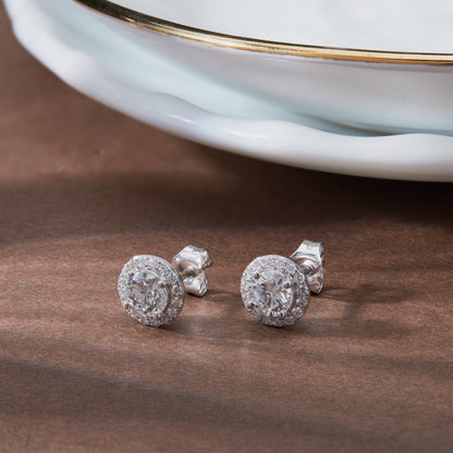 1.3 Ct Diamond 925 Silver Solitaire Halo Stud Earrings - Dewberry Diamonds