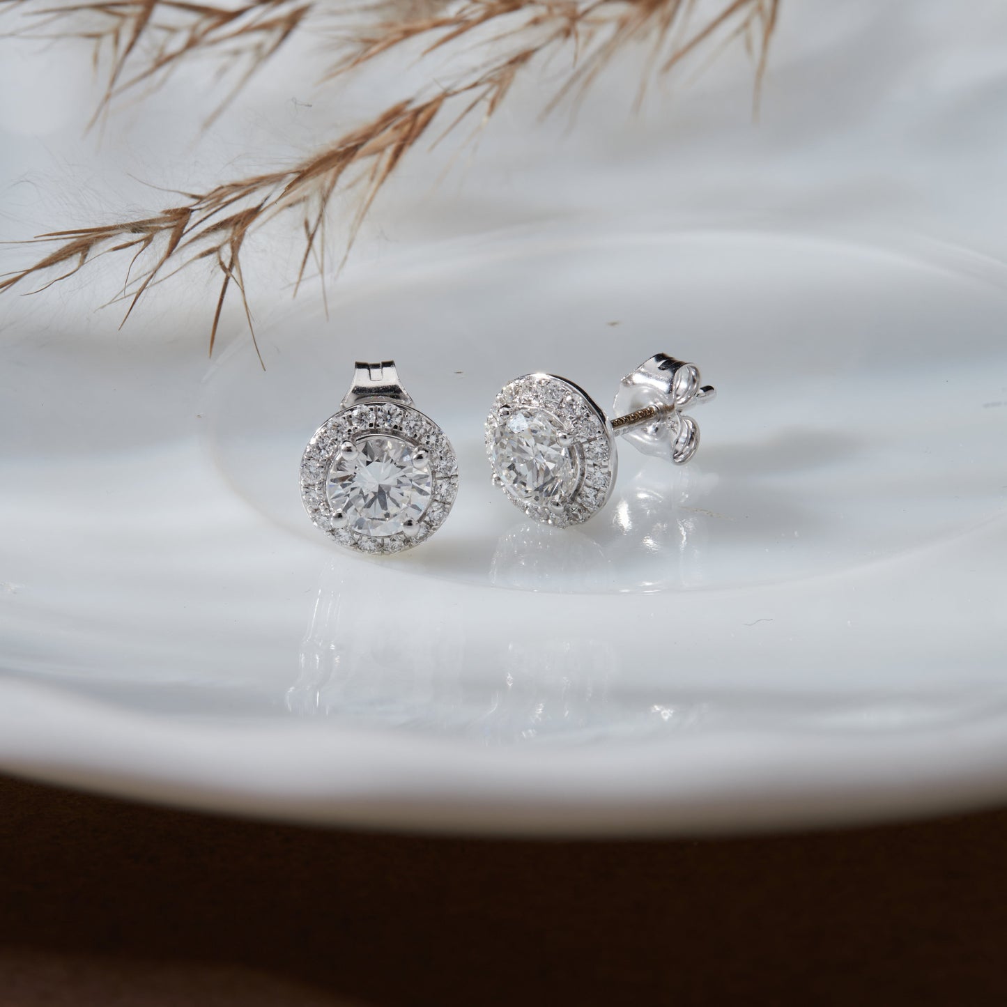 1.3 Ct Diamond 925 Silver Solitaire Halo Stud Earrings - Dewberry Diamonds