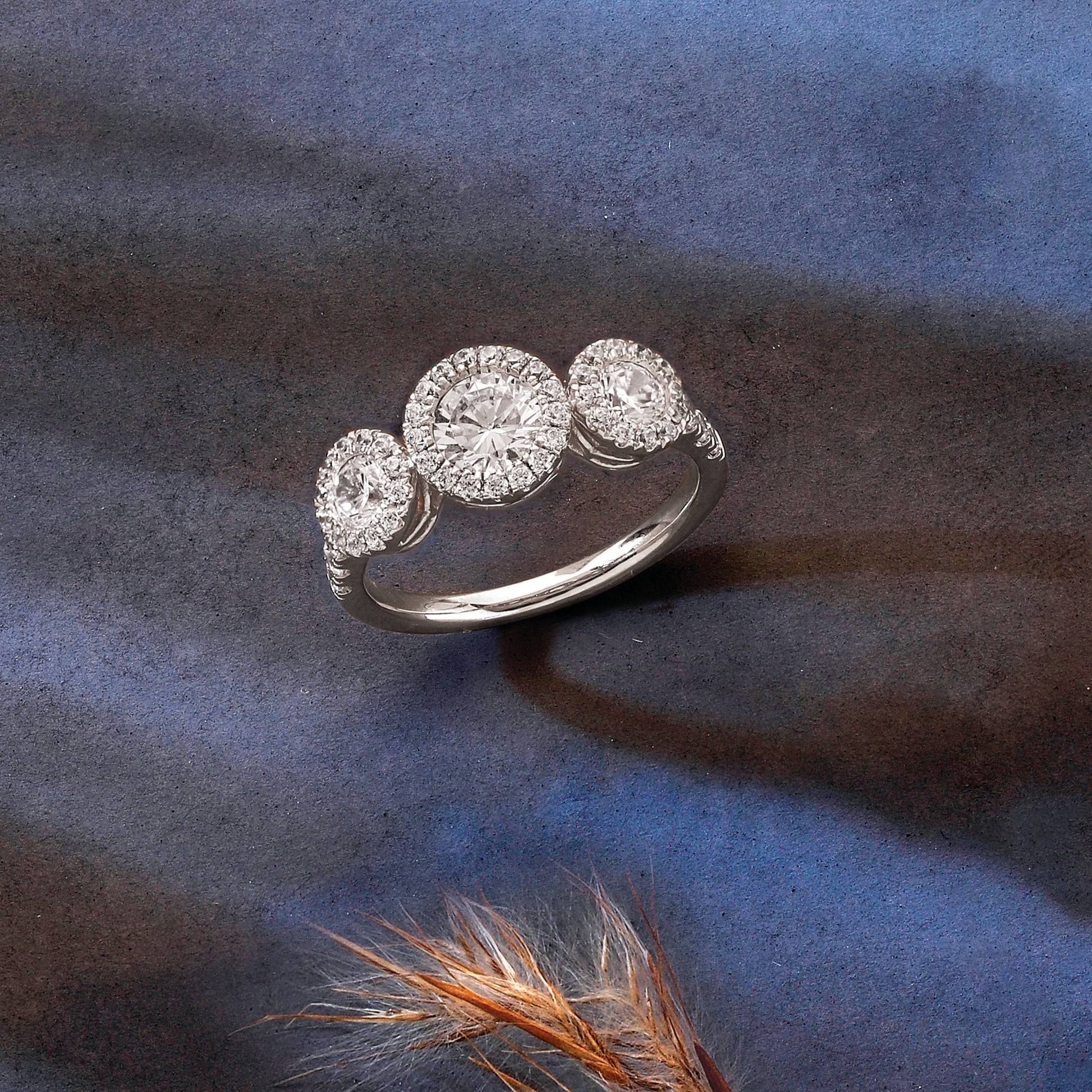 1.45 CT Lab Grown Diamond Three-Stone Halo Engagement Ring - Dewberry Diamonds