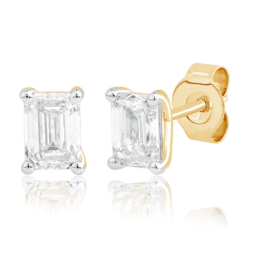 1 Ct Emerald Cut Diamond 14K Gold Solitaire Stud Earrings