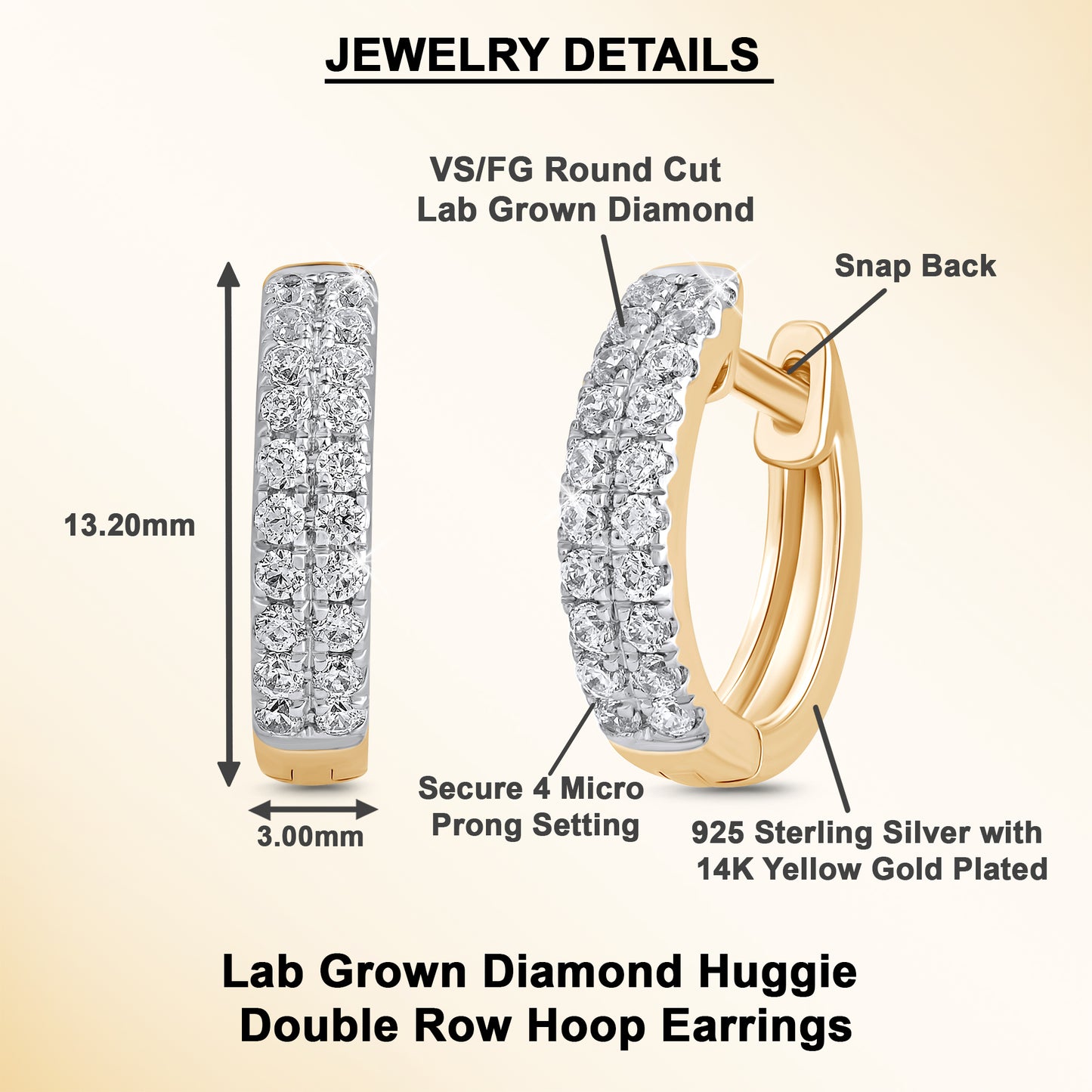 1/5 Ct Lab Grown Diamond Yellow Gold Plated Huggie Doube Row Hoop Earrings