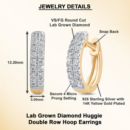 1/5 Ct Lab Grown Diamond Yellow Gold Plated Huggie Doube Row Hoop Earrings
