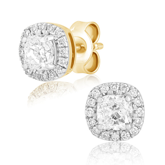 1 Ct Cushion Cut Lab Grown Diamond Halo Stud Earrings