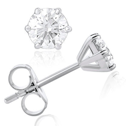 14K Gold 1 Ct Round Cut Lab Grown Diamond 6 Prong Solitaire Stud Earrings