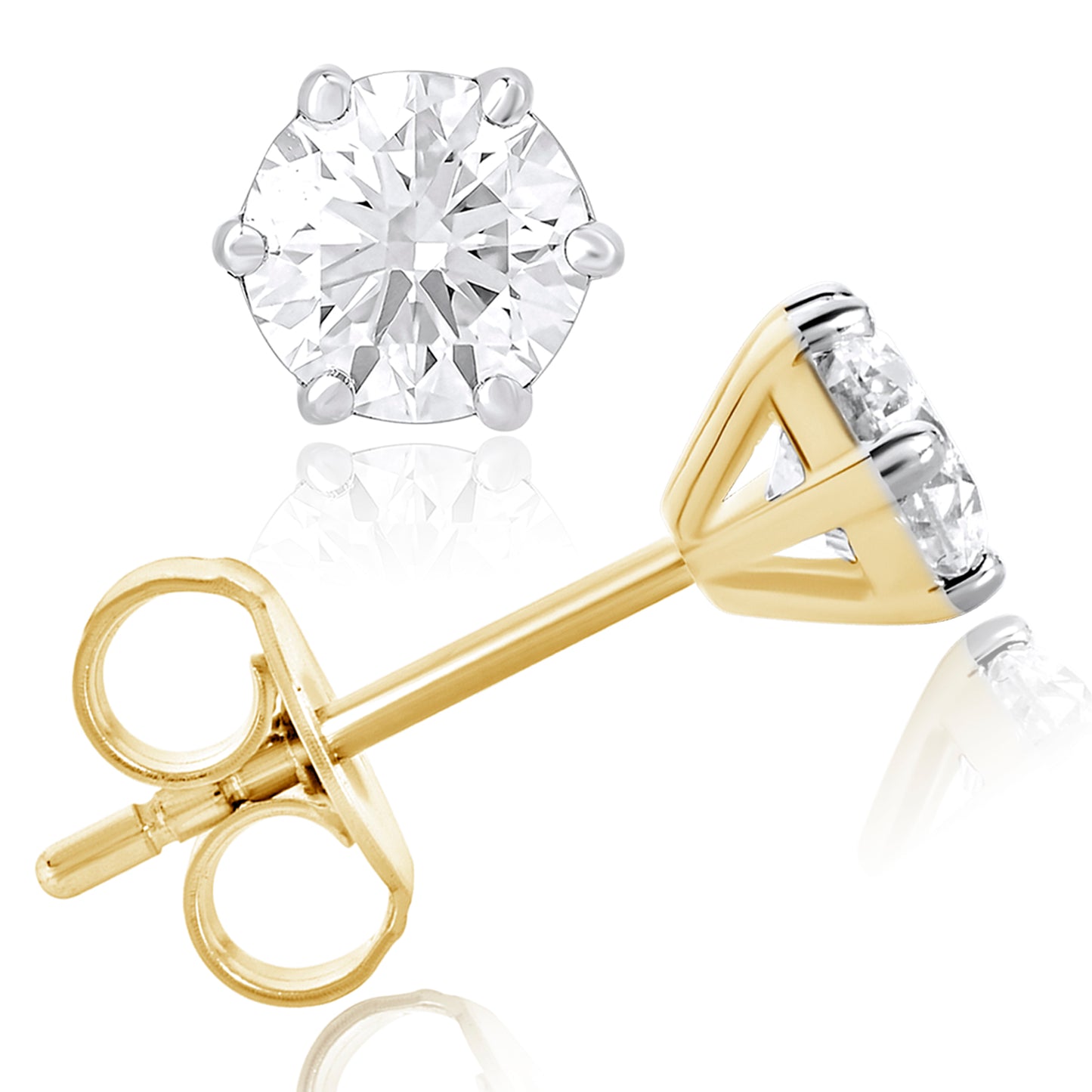 14K Gold 1 Ct Round Cut Lab Grown Diamond 6 Prong Solitaire Stud Earrings