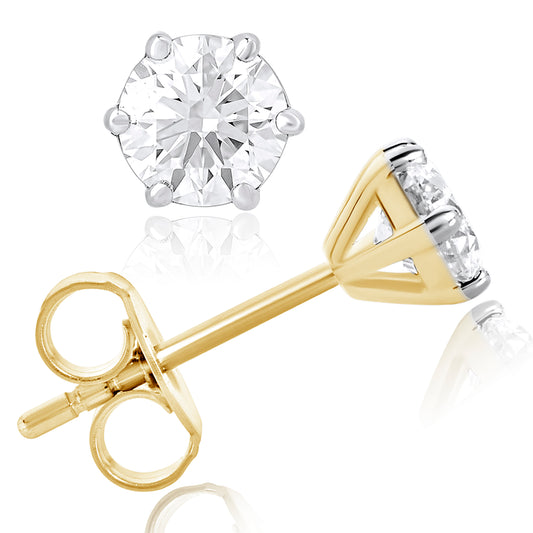 14K Gold 1 Ct Round Cut Lab Grown Diamond 6 Prong Solitaire Stud Earrings