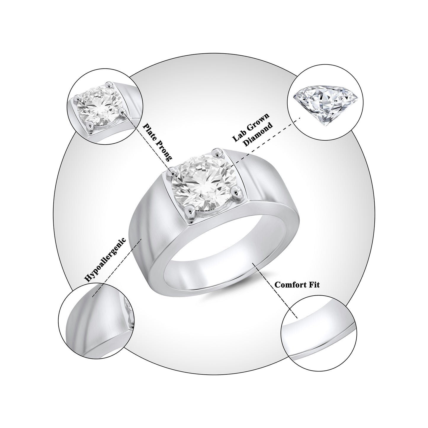 Men’s 925 Sterling Silver Solitaire Diamond Wedding Band Ring – 3.50 CT
