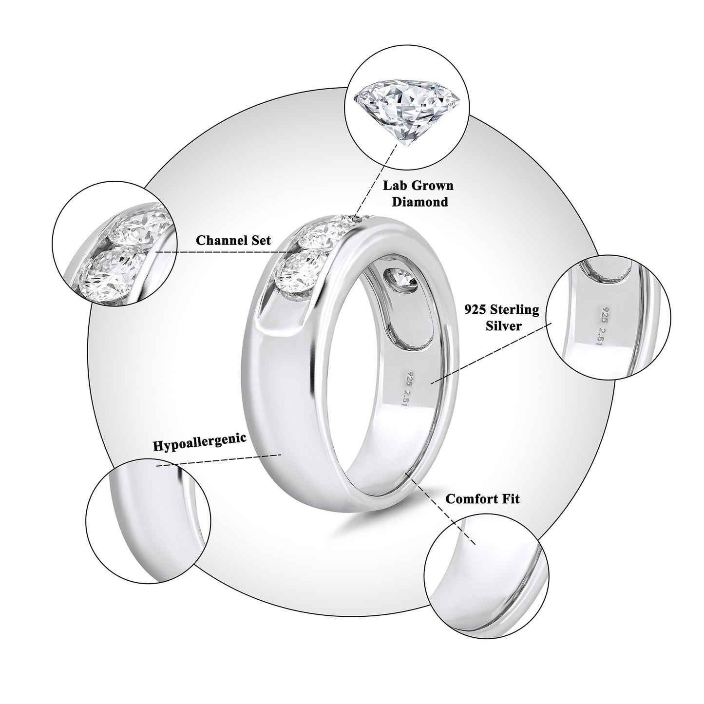 Men’s 925 Sterling Silver 5-Stone Diamond Wedding Band – 2.50 CT