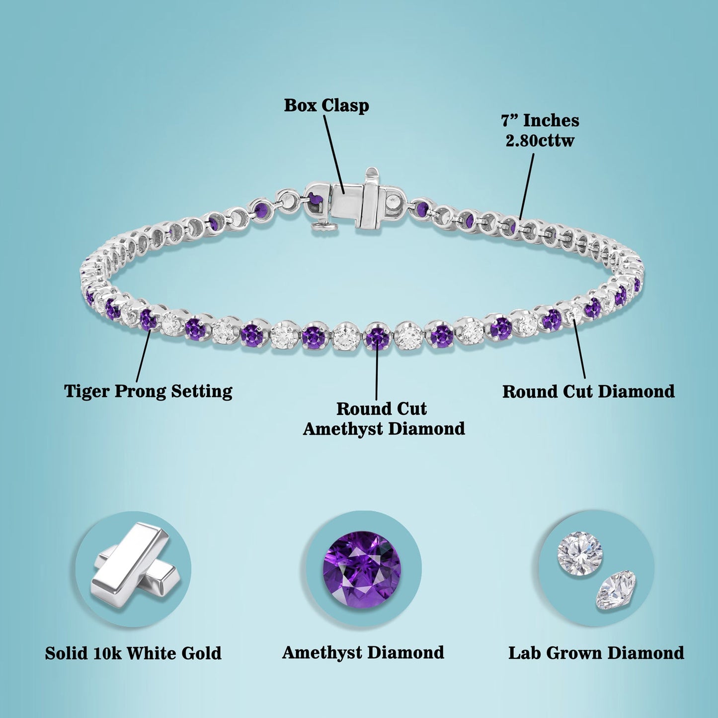 2.80 Ct Amethyst Birthstones Tennis Bracelets 10K Gold - Dewberry Diamonds
