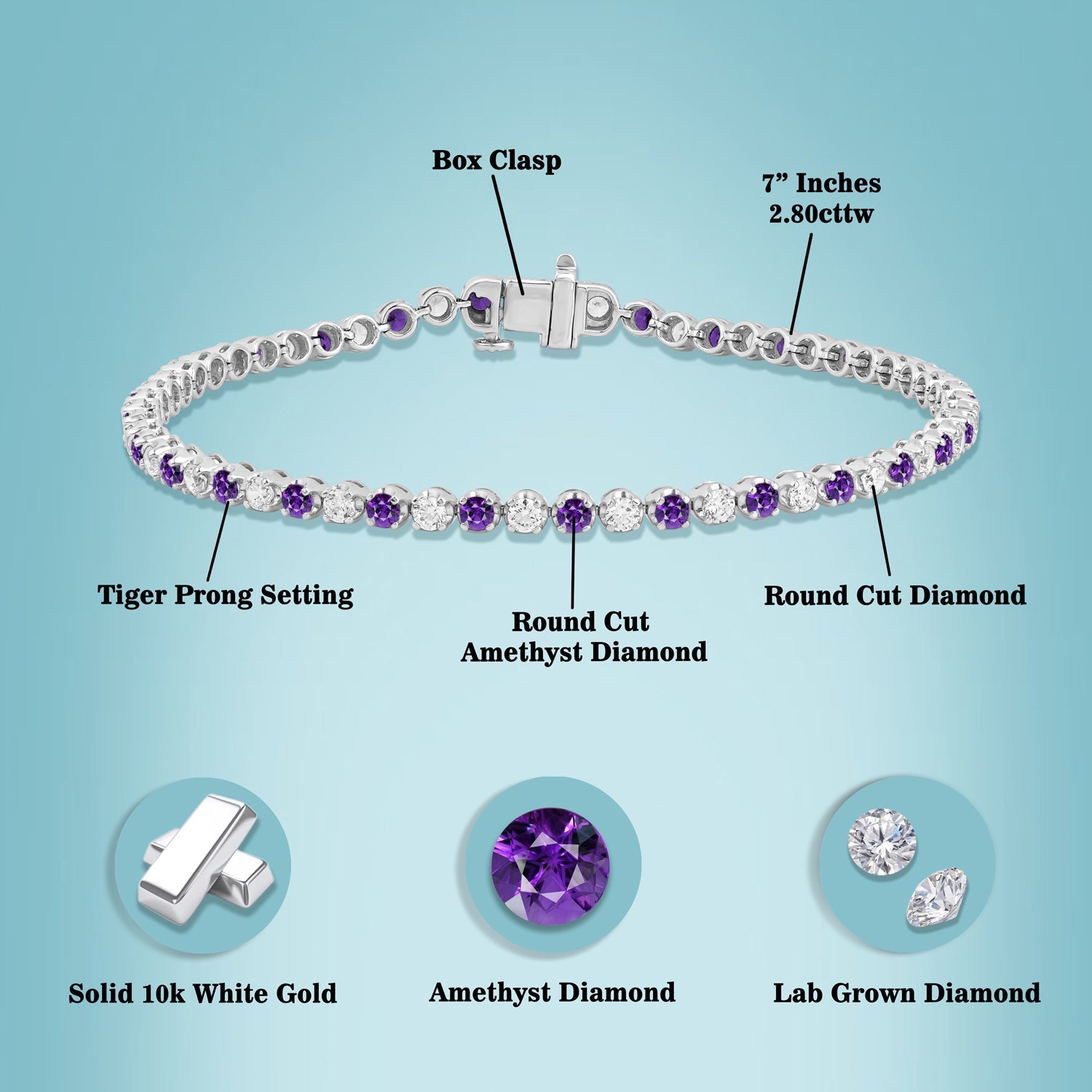 2.80 Ct Amethyst Birthstones Tennis Bracelets 10K Gold - Dewberry Diamonds