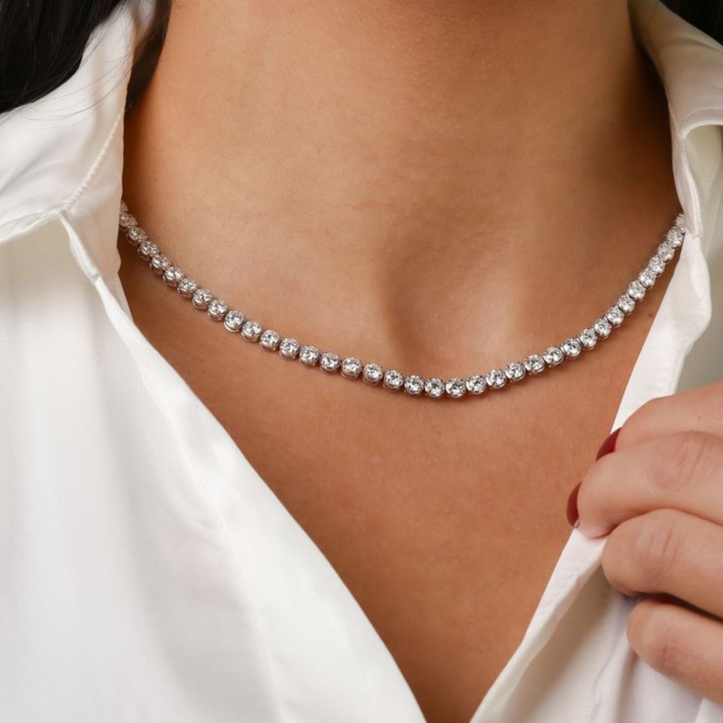 925 Silver 14K White Gold Plated Lab Grown Diamond Tennis Necklace