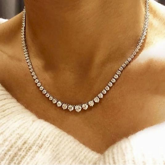 14K White Gold Graduated Tennis Necklace 7 Ct Round Diamond