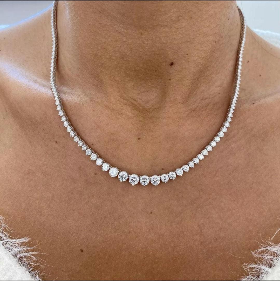 14K White Gold Graduated Tennis Necklace 7 Ct Round Diamond