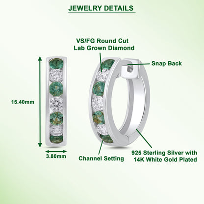 925 Silver Lab-Grown Channel-Set Emerald Hoop Earrings - Dewberry Diamonds