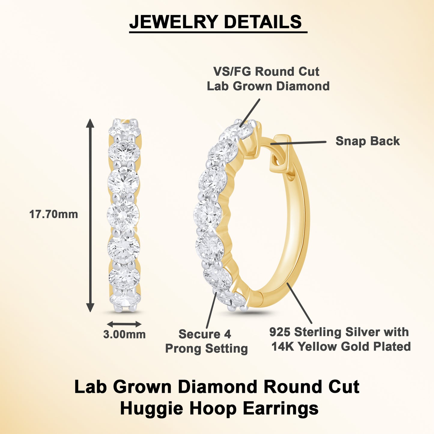 925 Sterling Silver 1.60 Ct Lab Grown Diamond Yellow Gold Plated Huggie Hoop Earrings