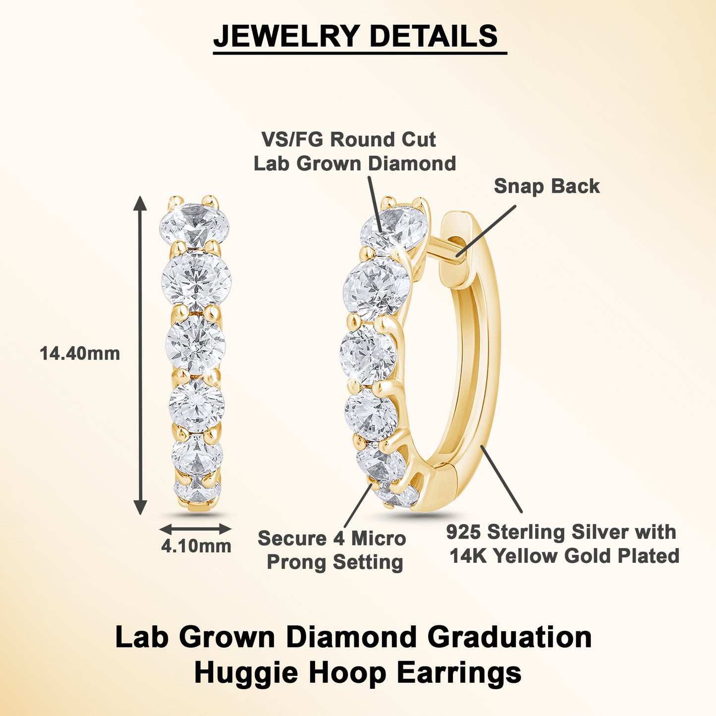 1.40 Ct Lab Grown Diamond Yellow Gold Plated Huggie Hoop Earrings