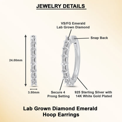 2 Cttw Emerald Cut Lab Grown Diamond Hoop Earrings