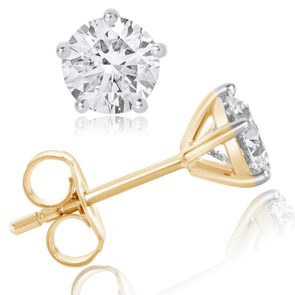 14K Gold Round Cut Lab Grown Diamond 5 Prong Solitaire Stud Earrings