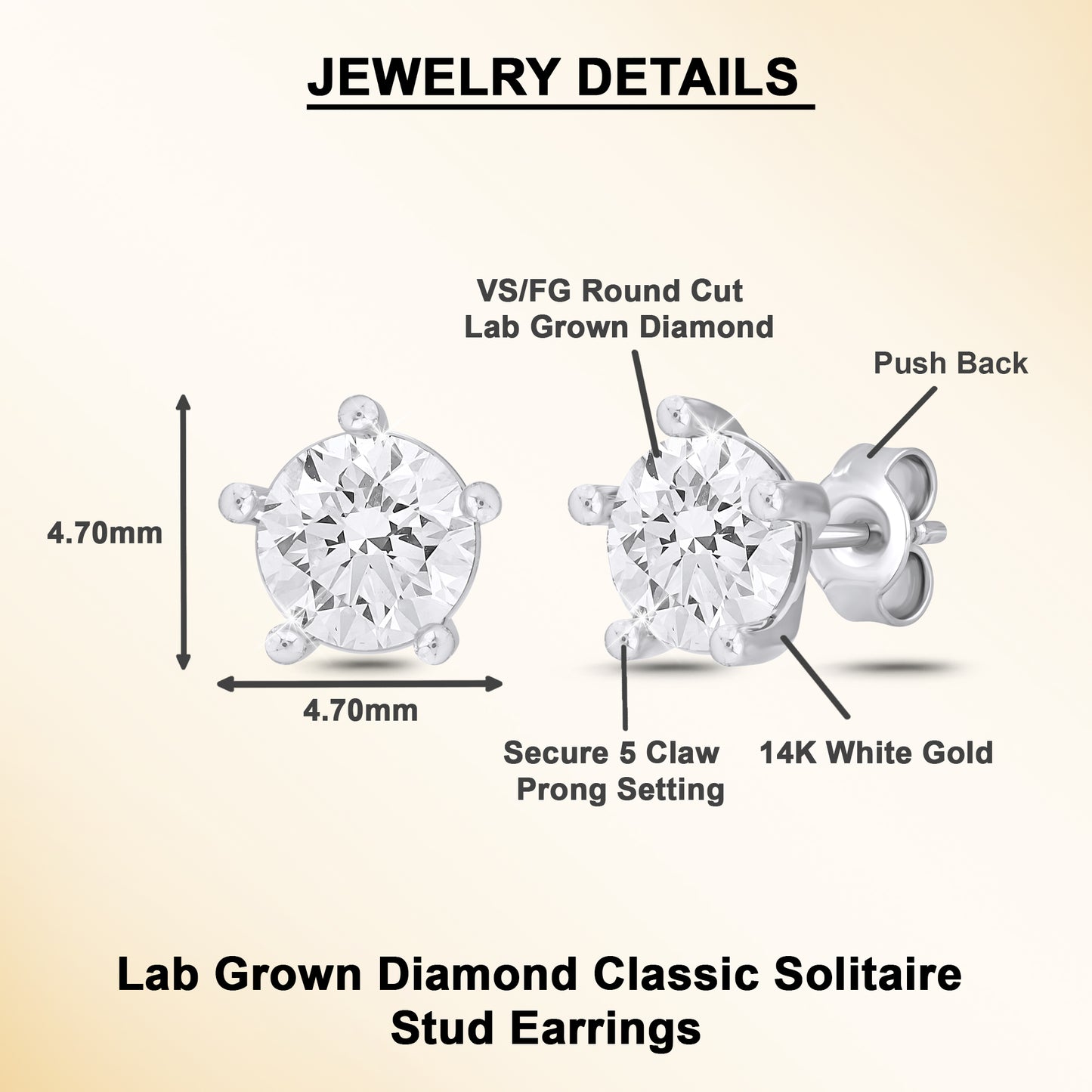 14K Gold Round Cut Lab Grown Diamond 5 Prong Solitaire Stud Earrings