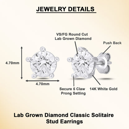 14K Gold Round Cut Lab Grown Diamond 5 Prong Solitaire Stud Earrings