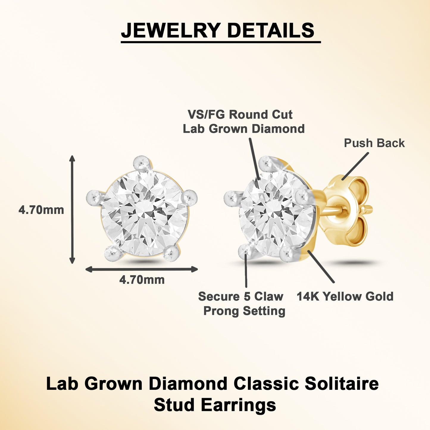 14K Gold Round Cut Lab Grown Diamond 5 Prong Solitaire Stud Earrings