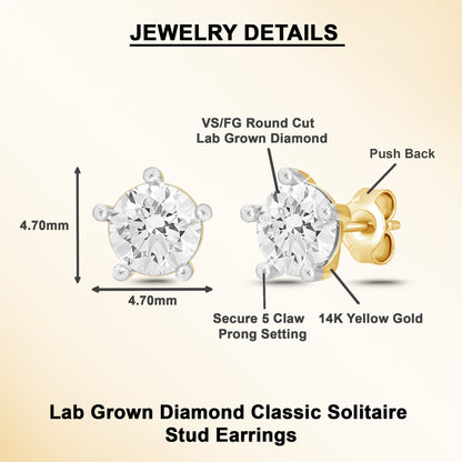 14K Gold Round Cut Lab Grown Diamond 5 Prong Solitaire Stud Earrings