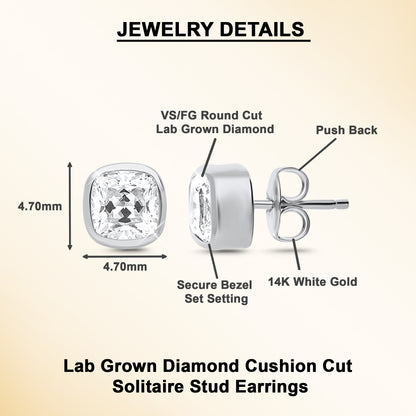 Cushion Shape Lab Grown Diamond Valentines Solitaire Bezel Stud Earrings
