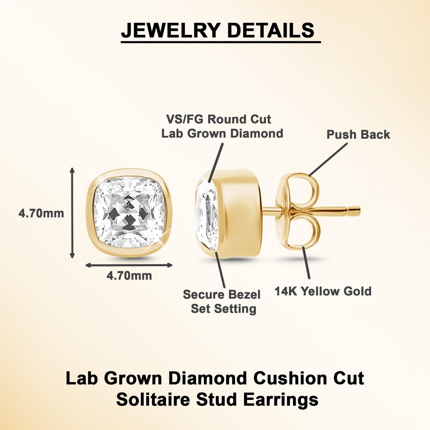 Cushion Shape Lab Grown Diamond Valentines Solitaire Bezel Stud Earrings
