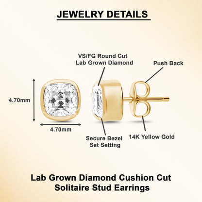 Cushion Shape Lab Grown Diamond Valentines Solitaire Bezel Stud Earrings