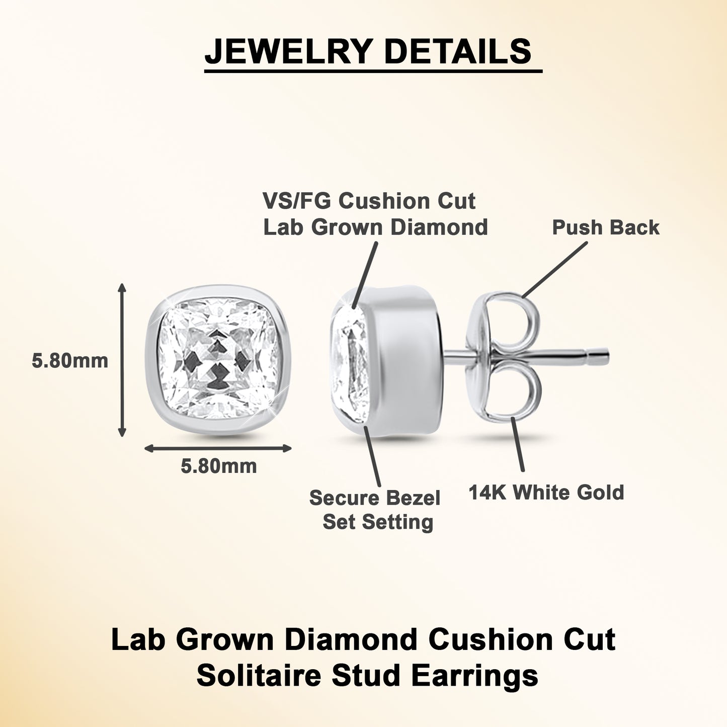 Cushion Shape Lab Grown Diamond Valentines Solitaire Bezel Stud Earrings