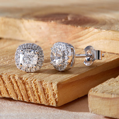 1 Ct Cushion Cut Lab Grown Diamond Halo Stud Earrings