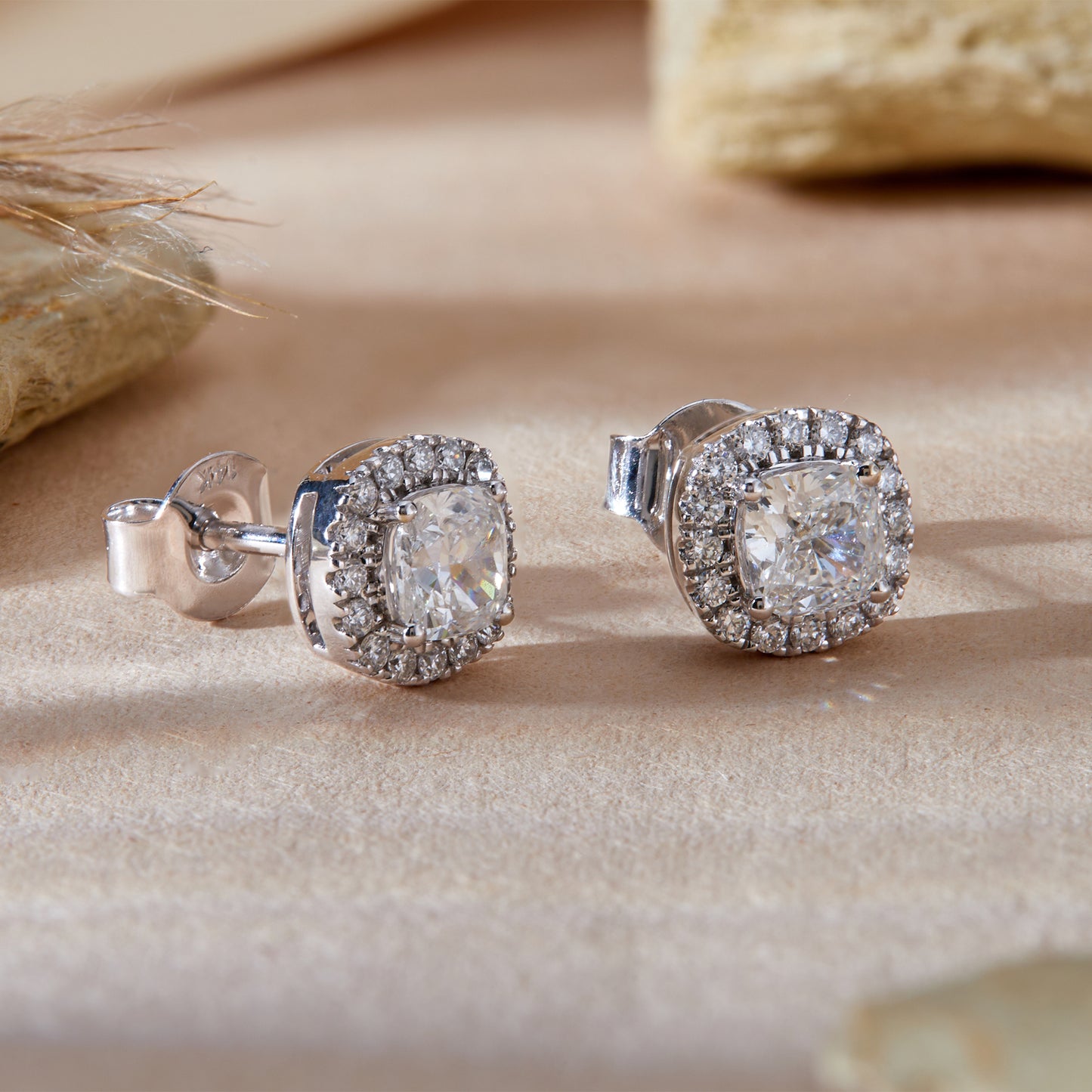 1 Ct Cushion Cut Lab Grown Diamond Halo Stud Earrings