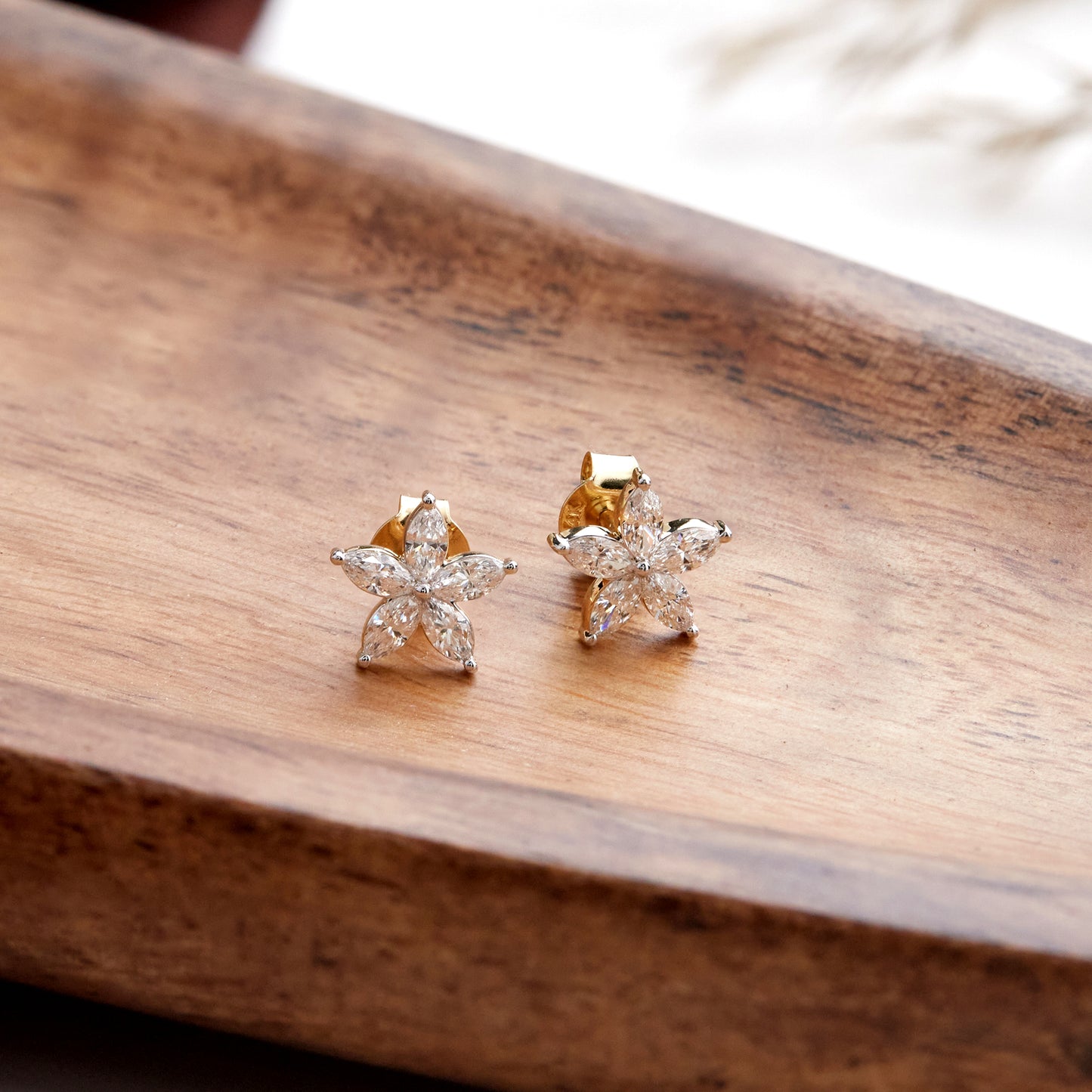 0.70Ct Marquise Diamond Five Petal Flower Stud Earrings