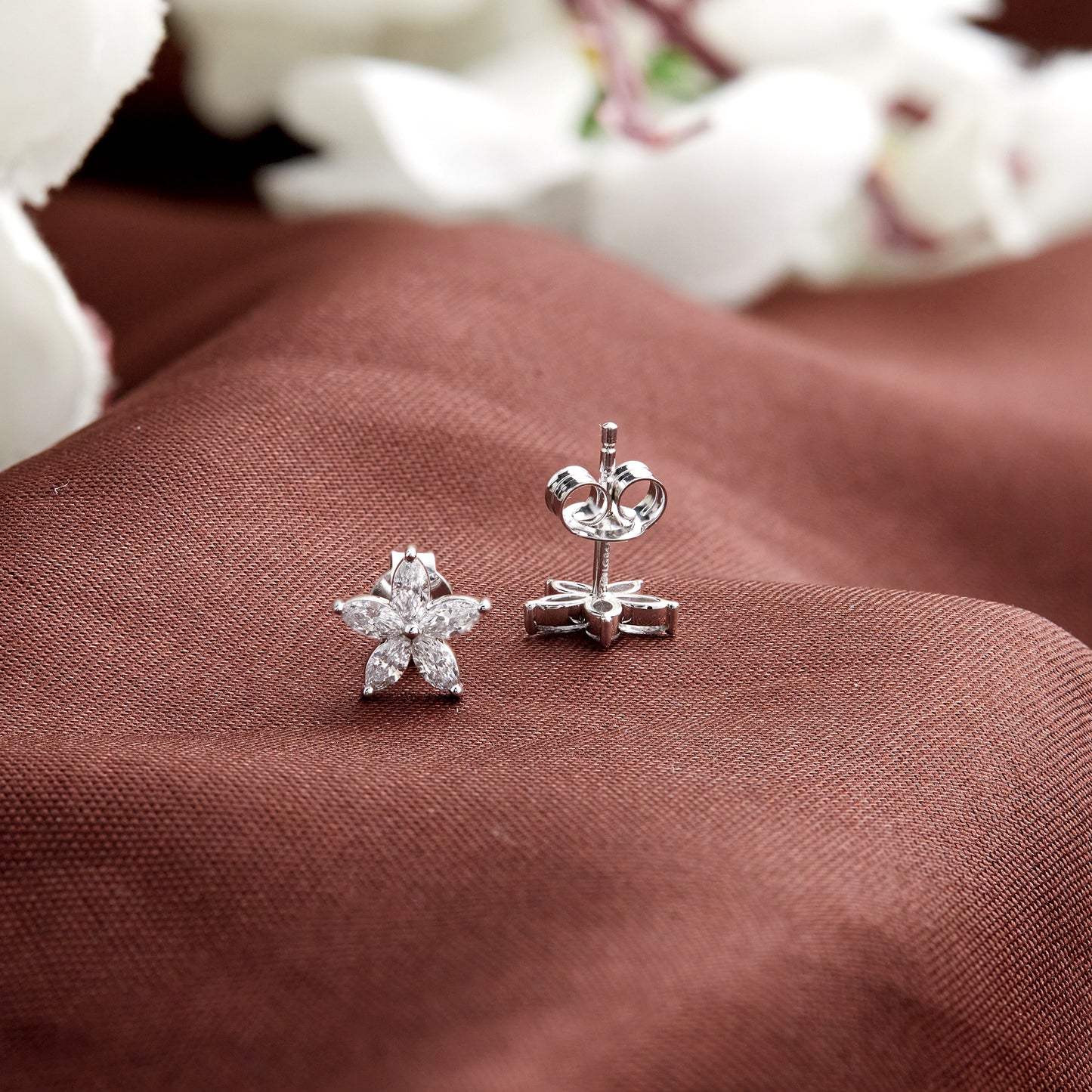 0.70Ct Marquise Diamond Five Petal Flower Stud Earrings