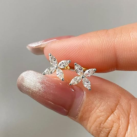 0.40Ct Marquise Diamond Four Petal Flower Stud Earrings