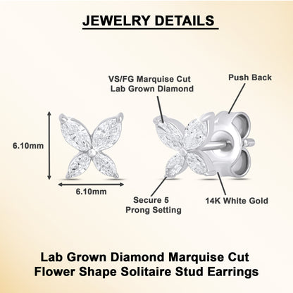 0.40Ct Marquise Diamond Four Petal Flower Stud Earrings
