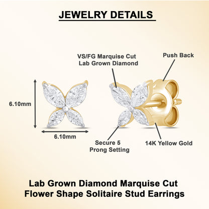 0.40Ct Marquise Diamond Four Petal Flower Stud Earrings