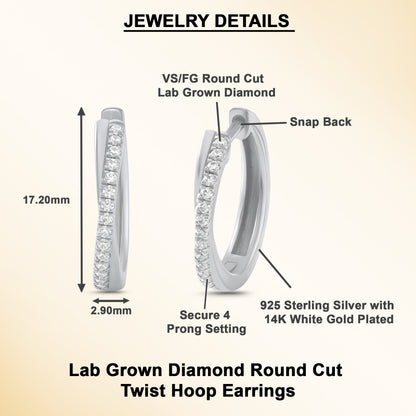 0.25 Ct Diamond 925 Silver White Gold Plated Twist Hoop Earrings