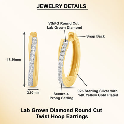 0.25 Ct Diamond 925 Silver Yellow Gold Plated Twist Hoop Earrings