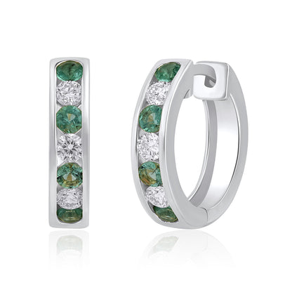 925 Silver Lab-Grown Channel-Set Emerald And Diamond Hoop Earrings