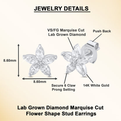 0.70Ct Marquise Diamond Five Petal Flower Stud Earrings