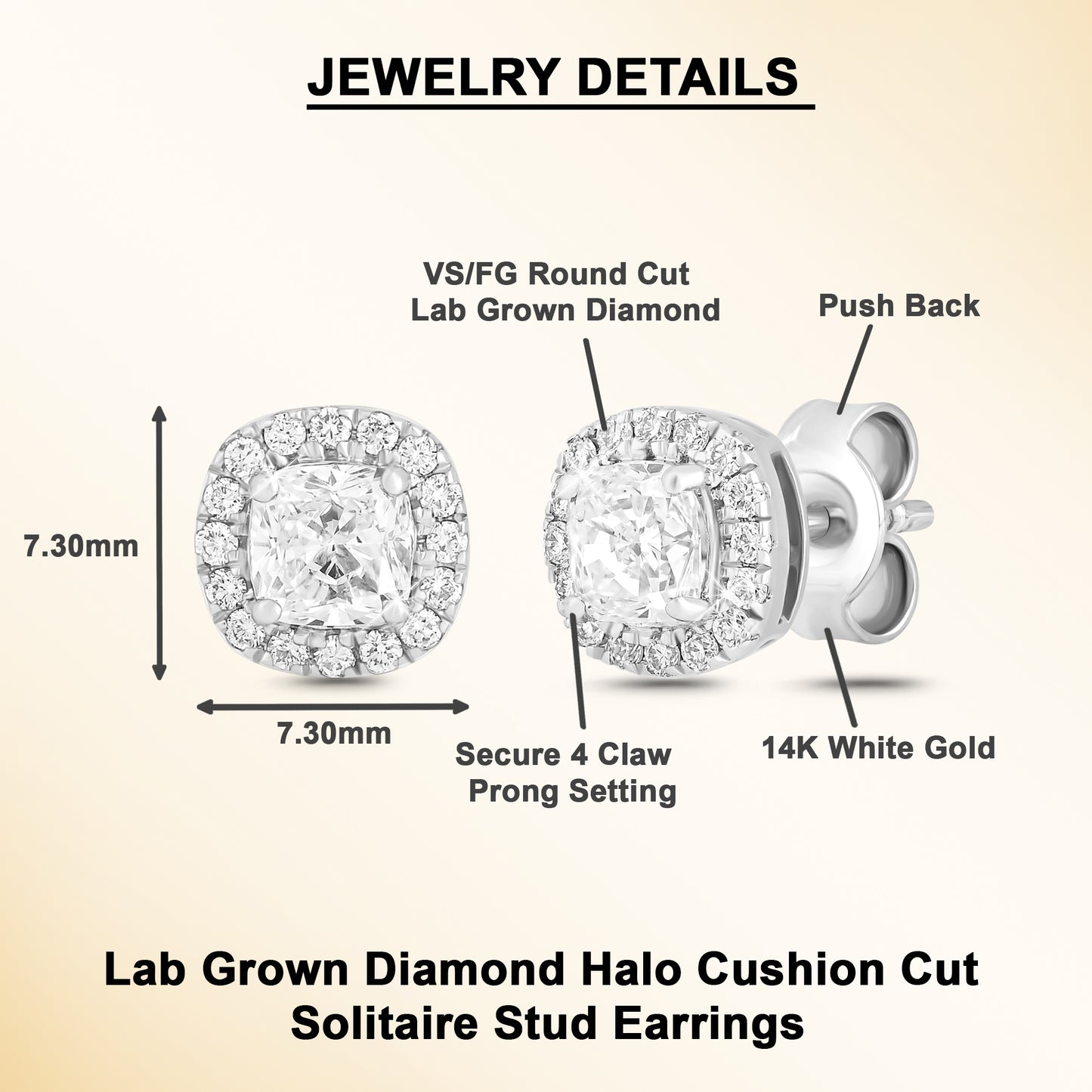 1 Ct Cushion Cut Lab Grown Diamond Halo Stud Earrings