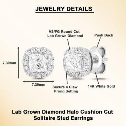 1 Ct Cushion Cut Lab Grown Diamond Halo Stud Earrings